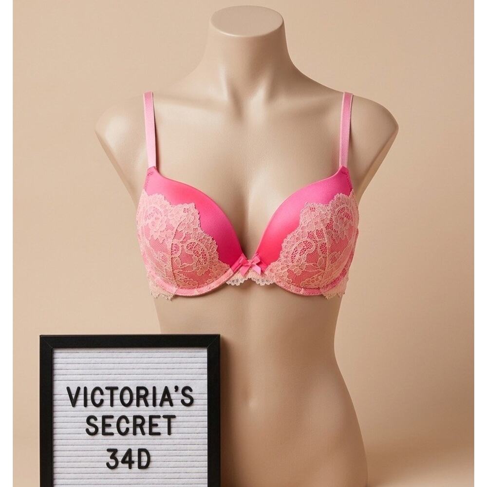 Victoria's Secret Dream Angels 34D Bra Hot Pink Peach Lace Push-Up VS